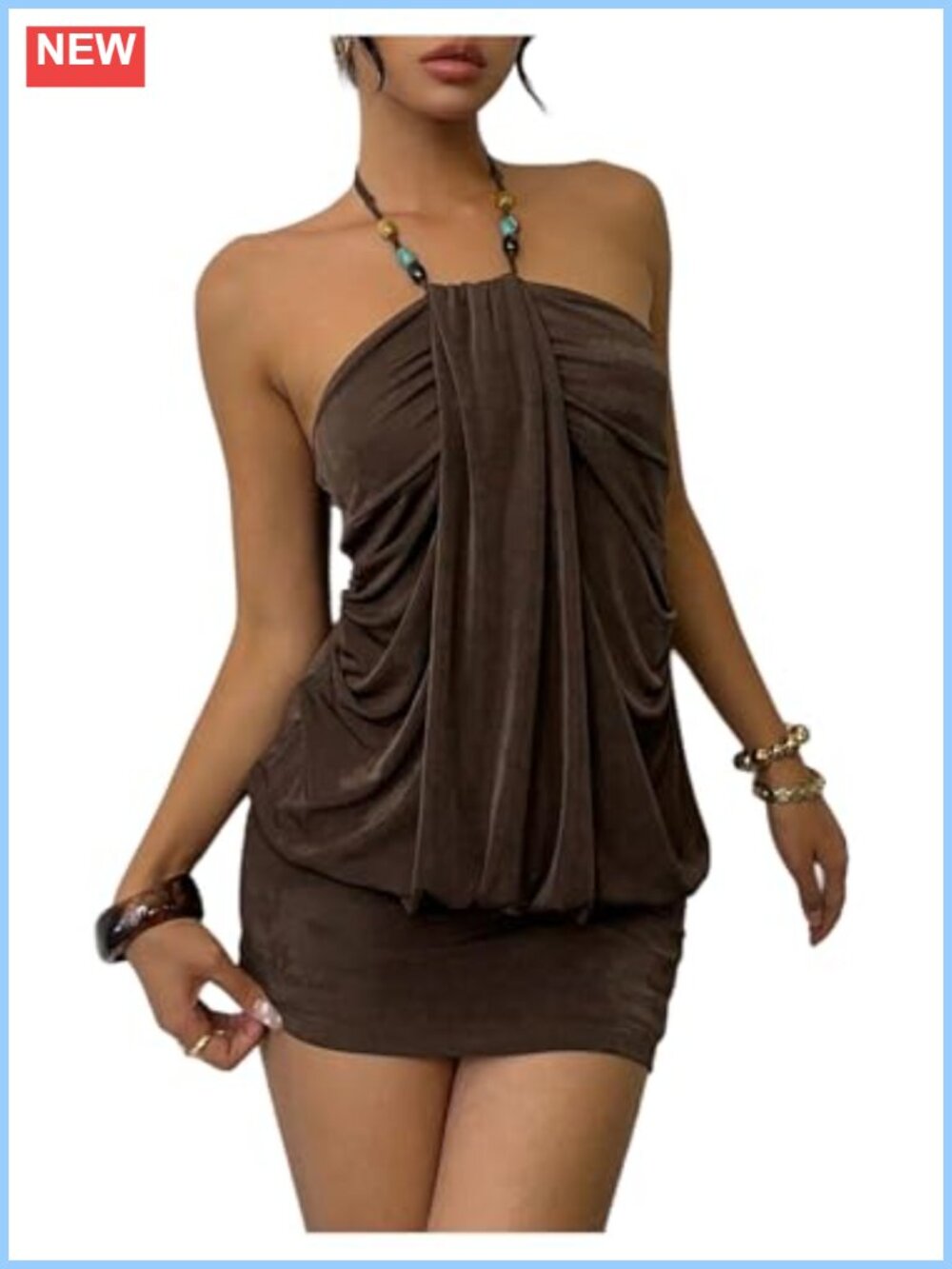 Women Halter Neck Bodycon Mini Dress Backless Sleeveless Built-in Shorts